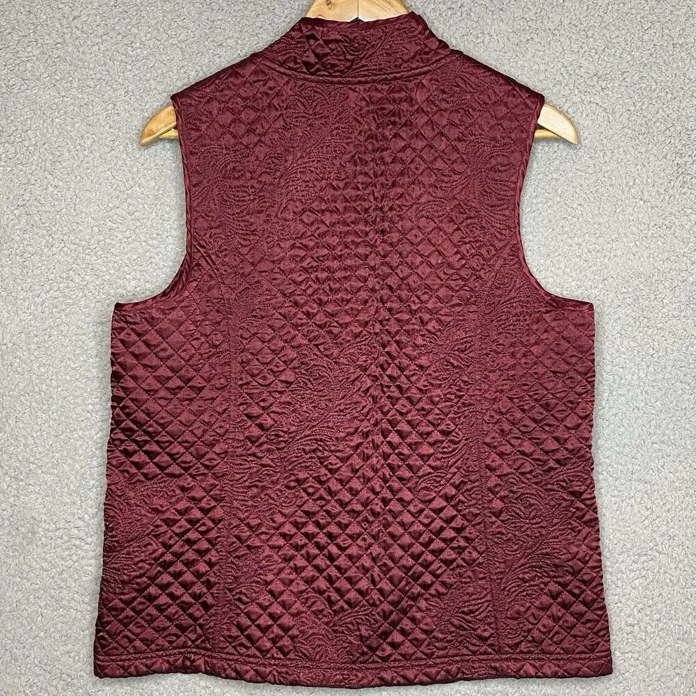 Susan Graver Quilted Cottagecore Layer Full Zip Vest Womens Size M Maroon Satin